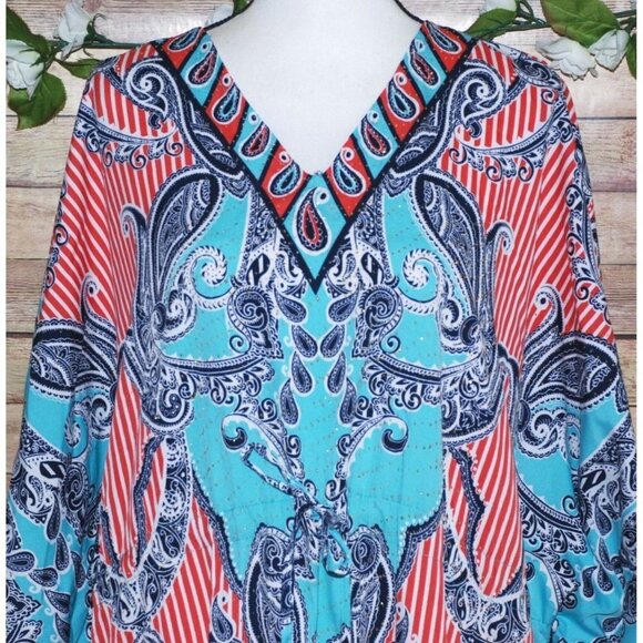 Riviera Sun Caftan Patio Dress Colorful Studded Size Free Plus Paisleys V-Neck - Picture 2 of 12